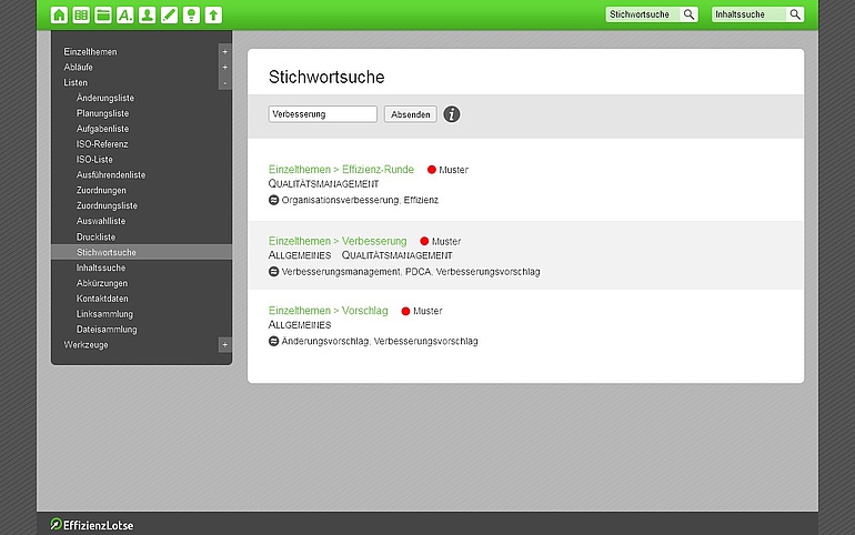 Die Stichwortsuche ist eine sehr differenzierte Suchfunktion im Organisationssystem Effizienz-Lotse