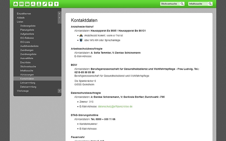 Liste aller Kontaktdaten, die im Organisationssystem Effizienz-Lotse angegeben sind